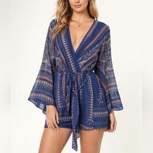 VENUS Boho Romper XL Blue Orange Sheer Bell Sleeve Belted Festival Vacation